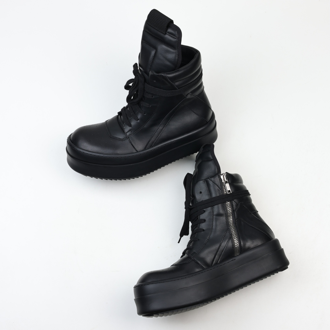 Rick Owens Drkshdw 瑞克·欧文斯皮面倒三角高帮时尚厚底运动板鞋 全黑 二级市场已经7
