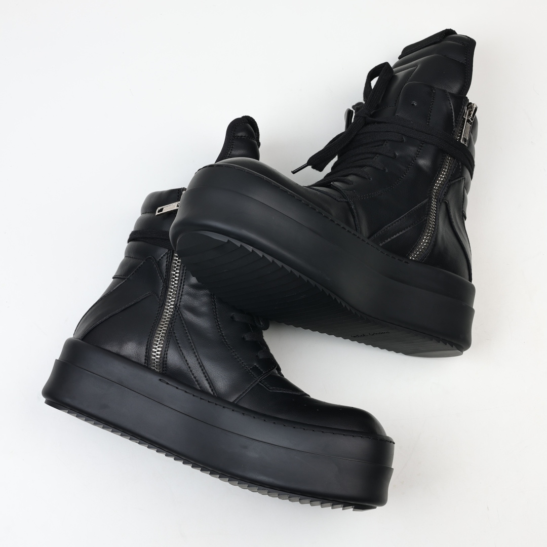 Rick Owens Drkshdw 瑞克·欧文斯皮面倒三角高帮时尚厚底运动板鞋 全黑 二级市场已经7