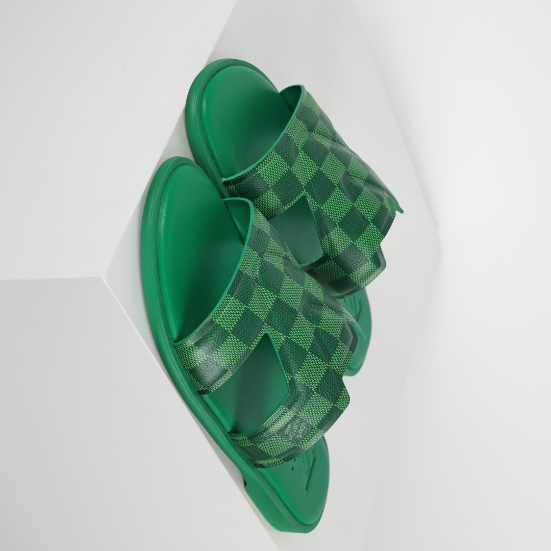 Louis Vuitton Oasis 经典系列2024最新经典款拖鞋款式牛仔布 Lv拖鞋绿色棋盘格