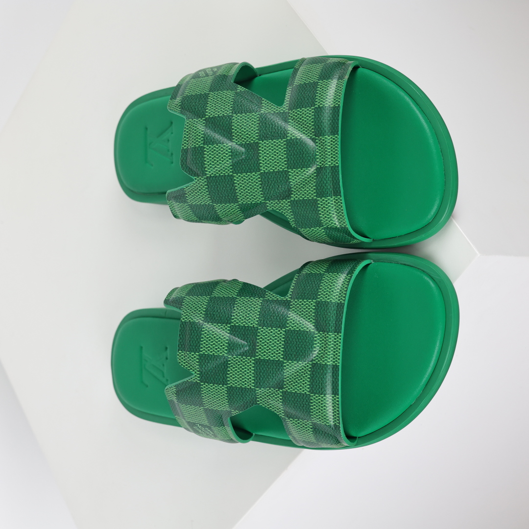 Louis Vuitton Oasis 经典系列2024最新经典款拖鞋款式牛仔布 Lv拖鞋绿色棋盘格