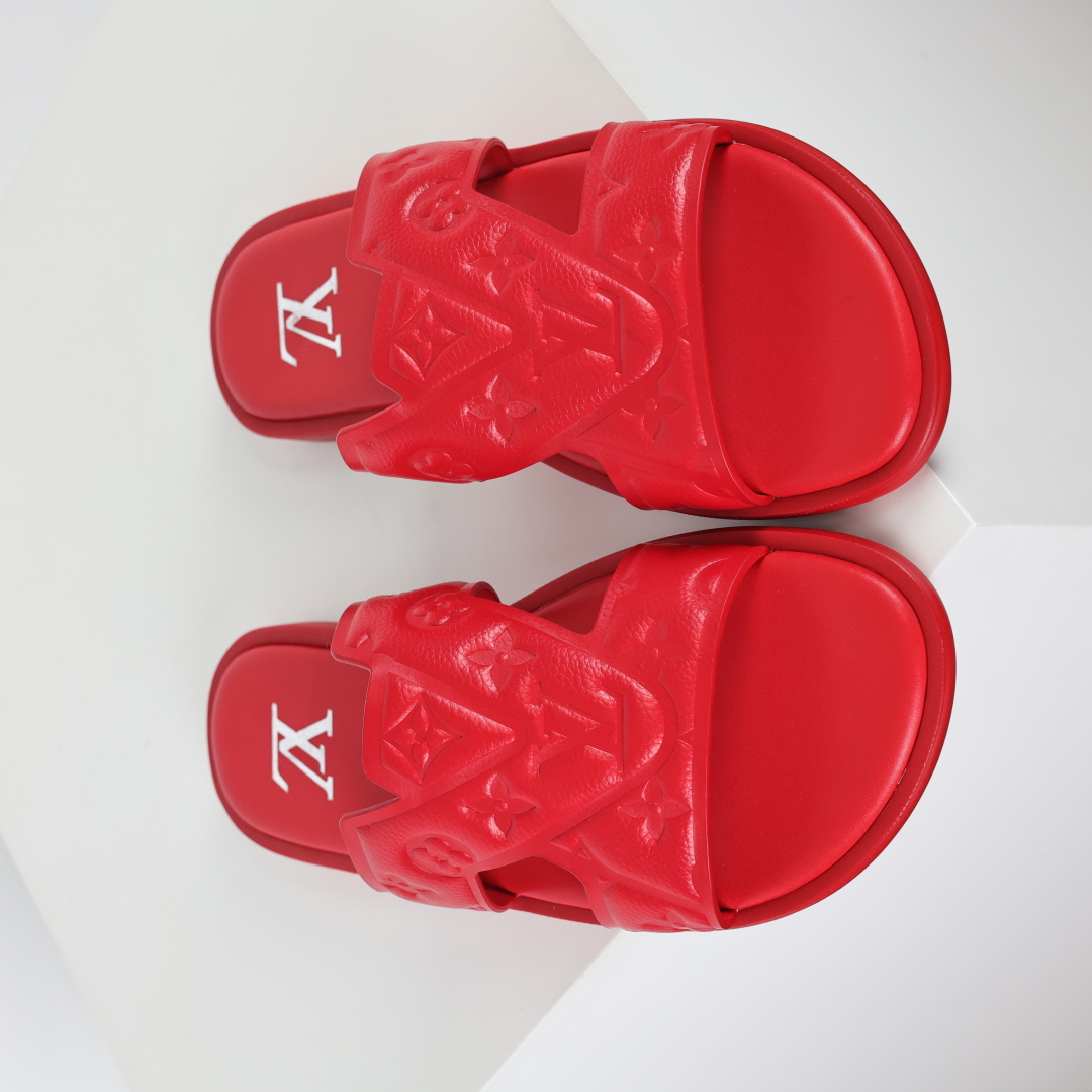 Louis Vuitton Oasis 经典系列2024最新经典款拖鞋款式牛仔布 Lv拖鞋红色压花