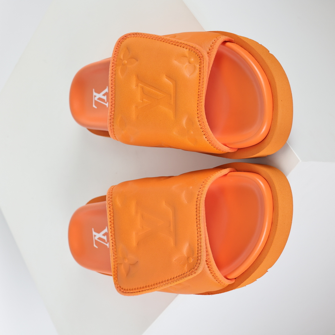 Louis Vuitton Oasis 经典系列2024最新经典款拖鞋款式牛仔布 Lv拖鞋橙色