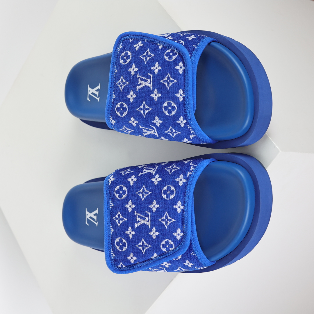 Louis Vuitton Oasis 经典系列2024最新经典款拖鞋款式牛仔布Lv拖鞋蓝色植绒