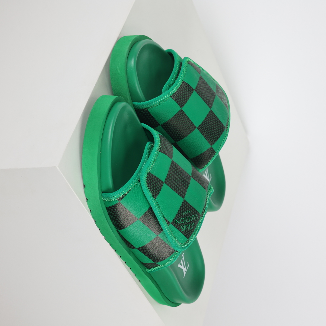 Louis Vuitton Oasis 经典系列2024最新经典款拖鞋款式牛仔布 Lv拖鞋绿色格子