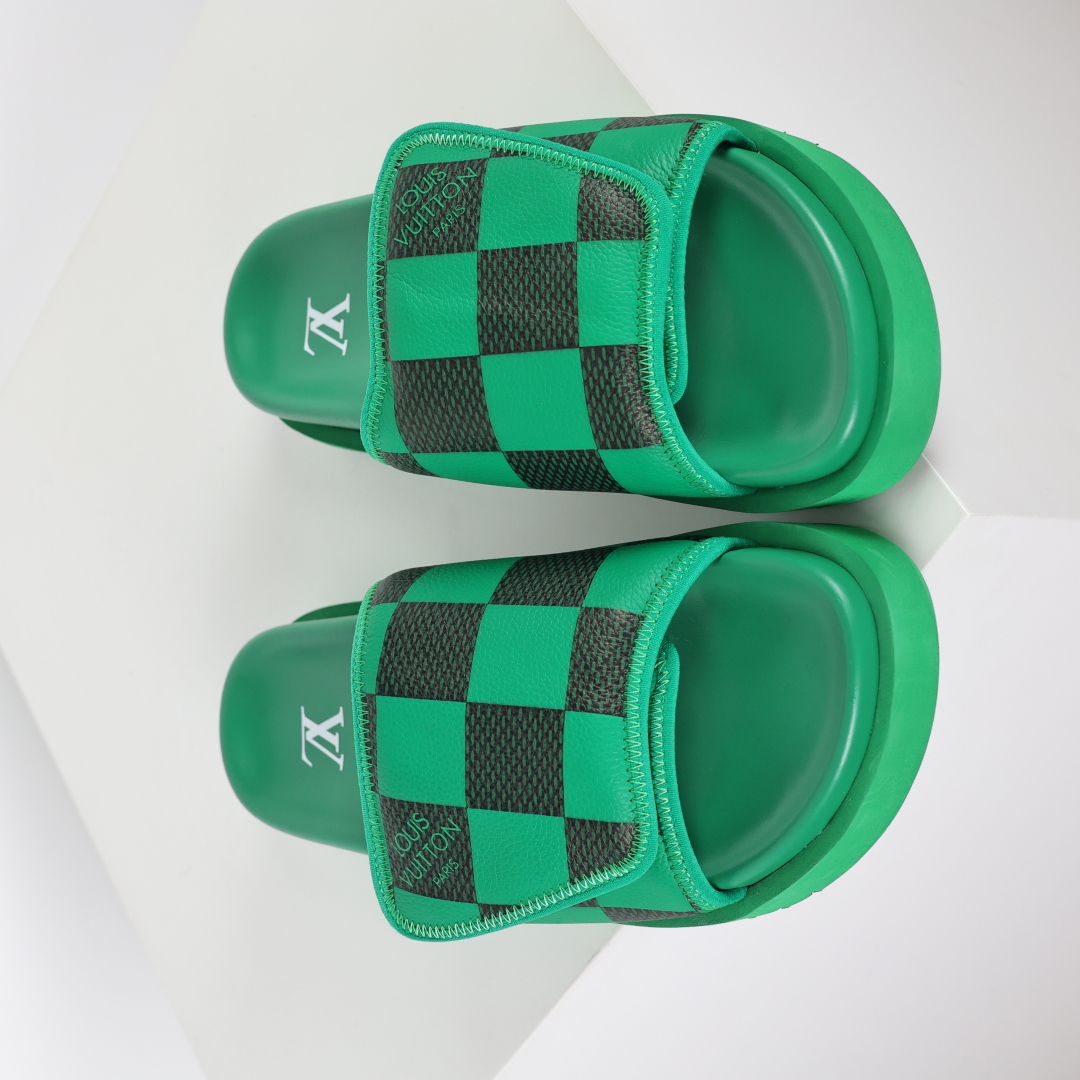 Louis Vuitton Oasis 经典系列2024最新经典款拖鞋款式牛仔布 Lv拖鞋绿色格子