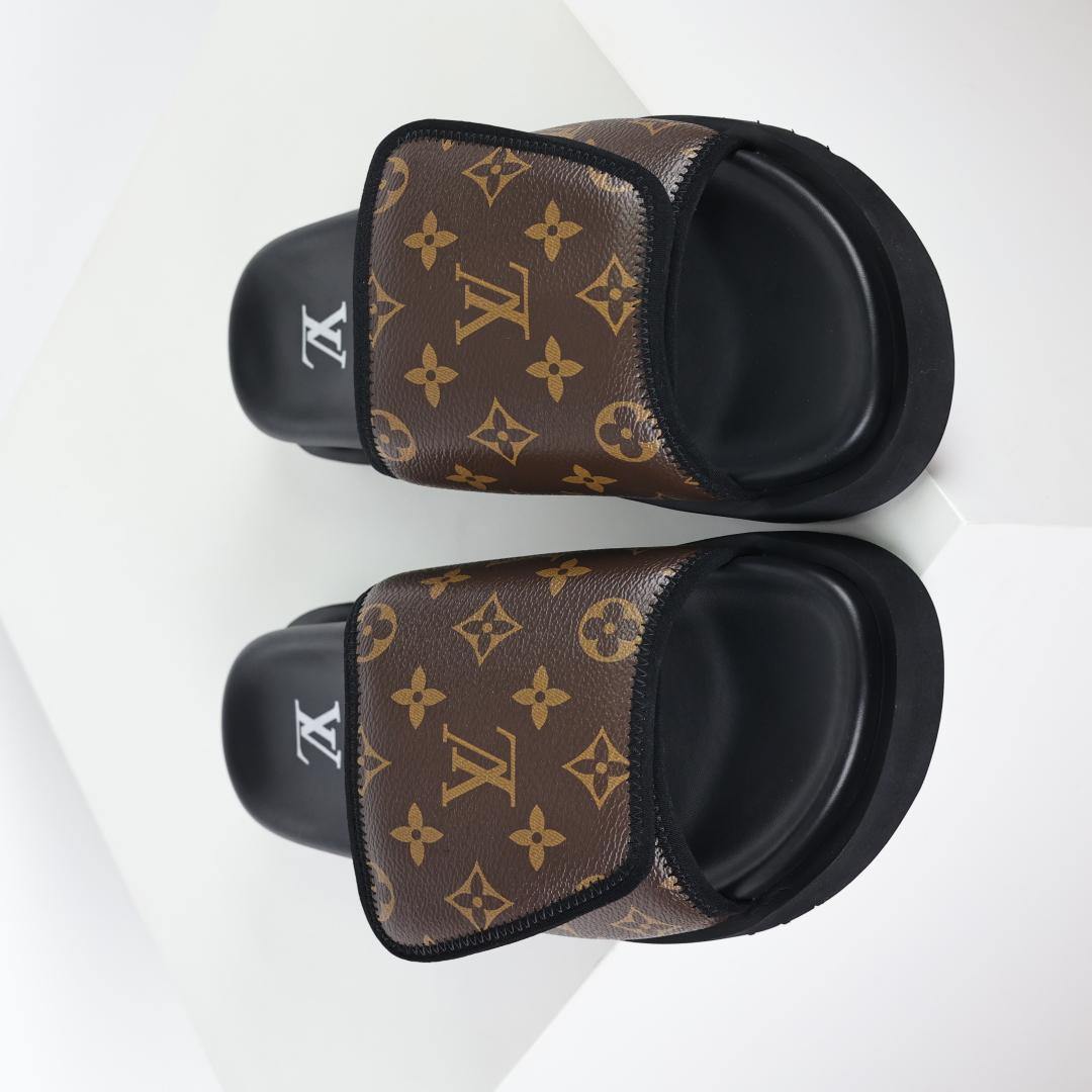 Louis Vuitton Oasis 经典系列2024最新经典款拖鞋款式牛仔布 Lv拖鞋黑咖色