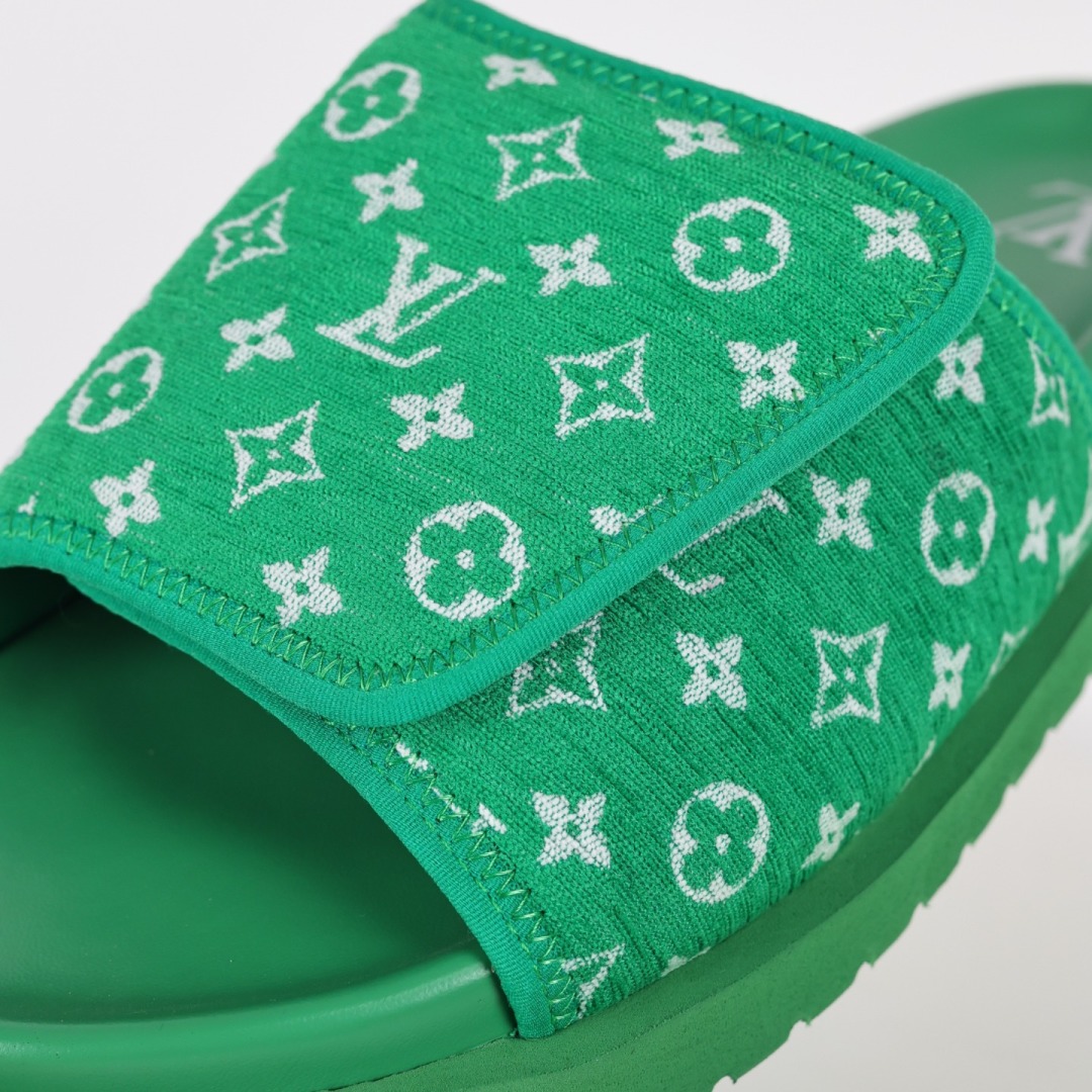 Louis Vuitton Oasis 经典系列2024最新经典款拖鞋款式牛仔布 Lv拖鞋绿色植绒