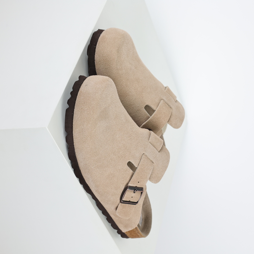 勃肯拖沙色 伦敦系列低帮牛皮绒面革平底复古软木休闲鞋