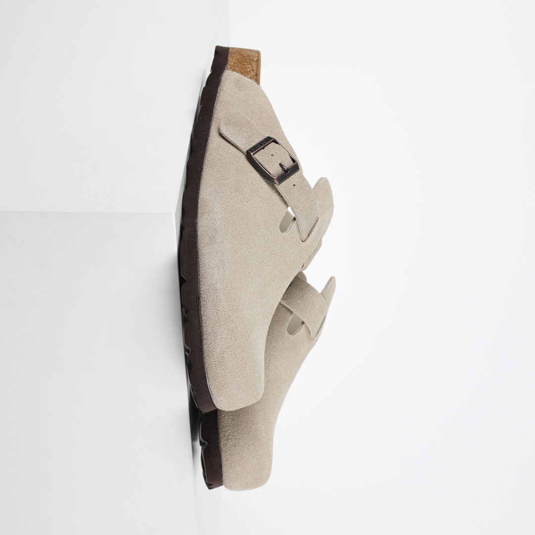 勃肯拖卡其 Birkenstock 勃肯全包系列 勃肯伦敦系列低帮牛皮绒面革平底复古软木休闲鞋