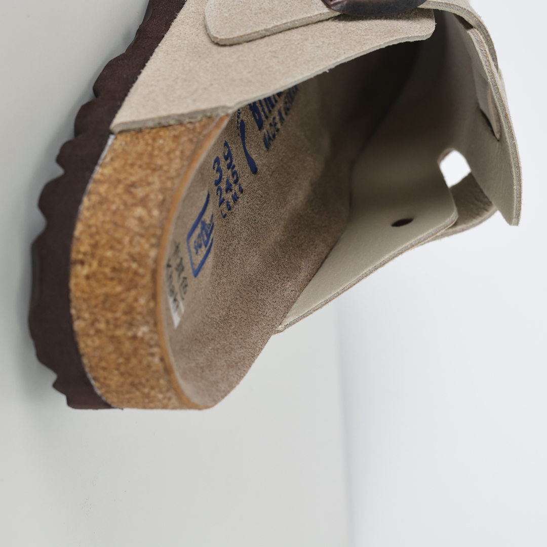 勃肯拖卡其 Birkenstock 勃肯全包系列 勃肯伦敦系列低帮牛皮绒面革平底复古软木休闲鞋