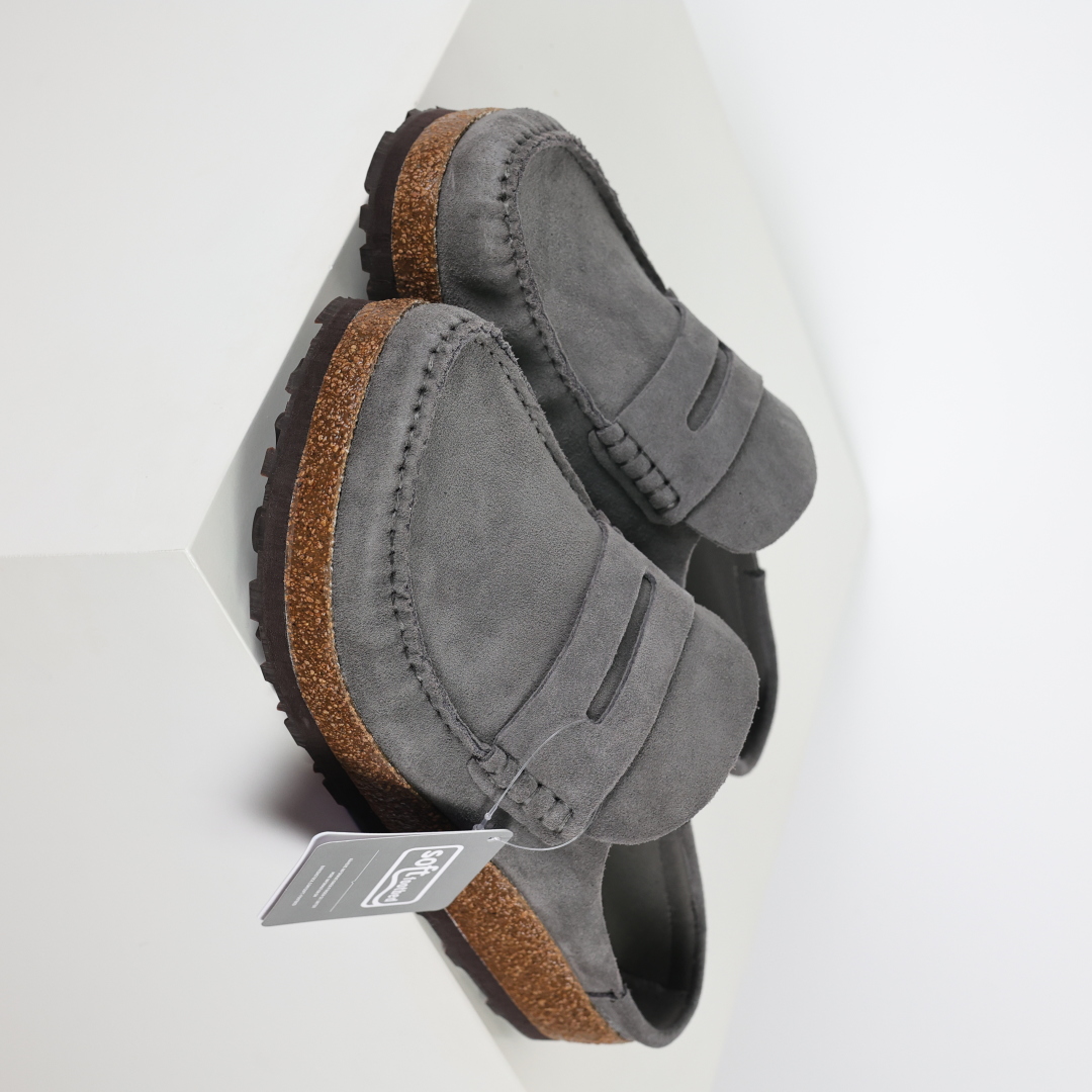 乐福勃肯木底款灰色 博肯Birkenstock Naples Wrapped穆勒系列包头乐福牛皮绒面革复古软木底休闲拖鞋