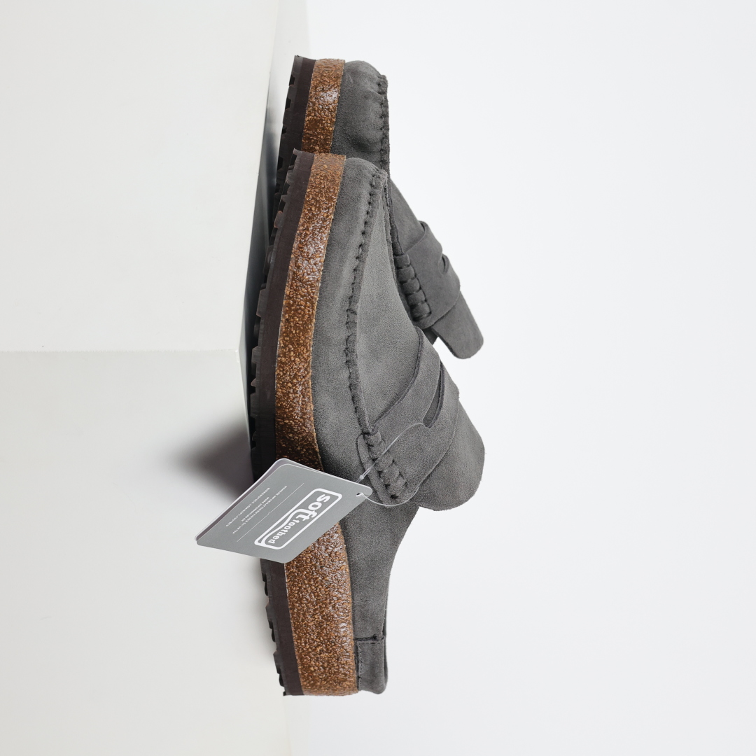 乐福勃肯木底款灰色 博肯Birkenstock Naples Wrapped穆勒系列包头乐福牛皮绒面革复古软木底休闲拖鞋