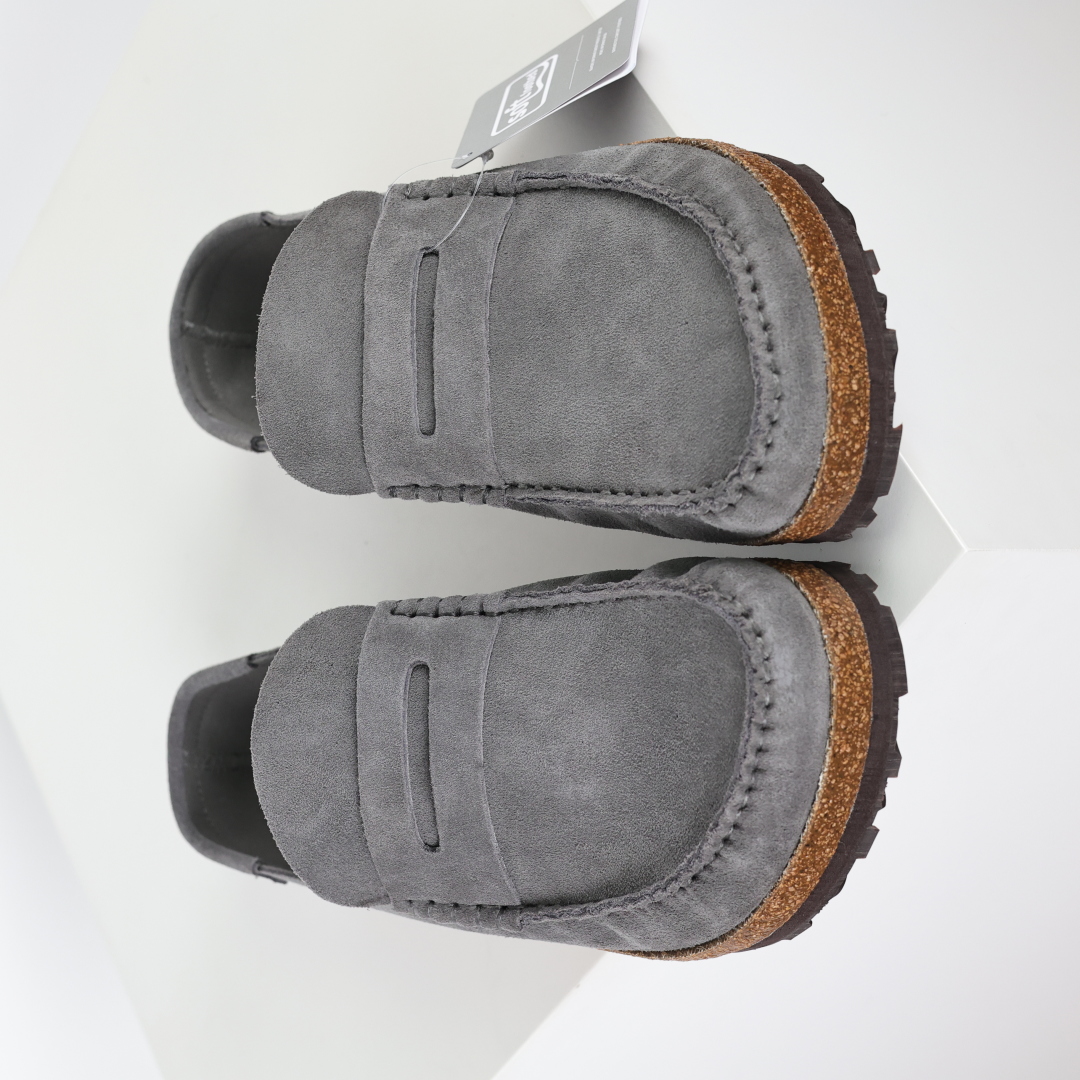 乐福勃肯木底款灰色 博肯Birkenstock Naples Wrapped穆勒系列包头乐福牛皮绒面革复古软木底休闲拖鞋