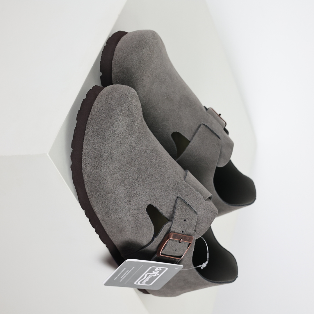 勃肯灰色 全包式懒人单鞋 博肯Birkenstock Birkenstock LondSuede Leather 伦敦系列包头平底复古软木底休闲拖鞋