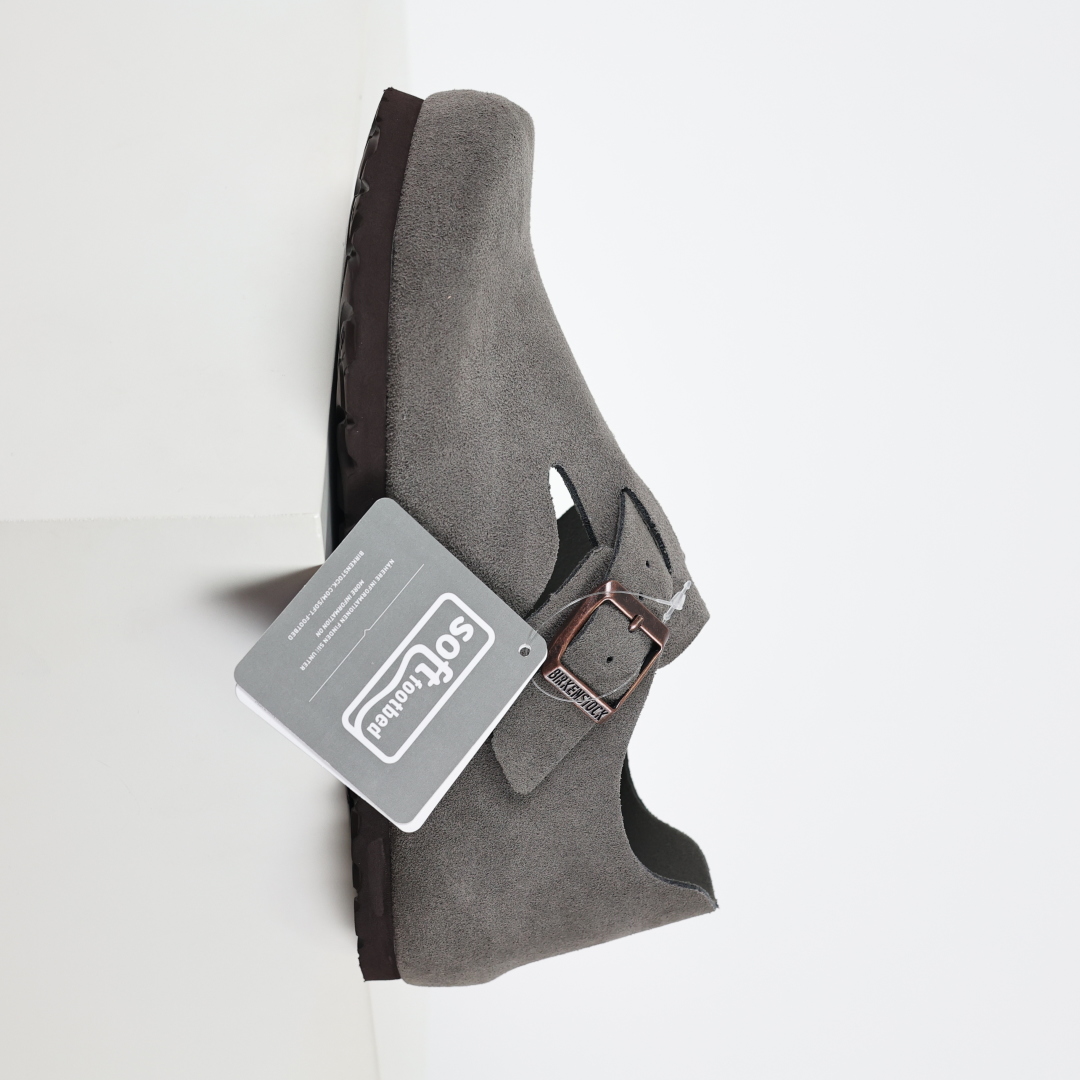 勃肯灰色 全包式懒人单鞋 博肯Birkenstock Birkenstock LondSuede Leather 伦敦系列包头平底复古软木底休闲拖鞋