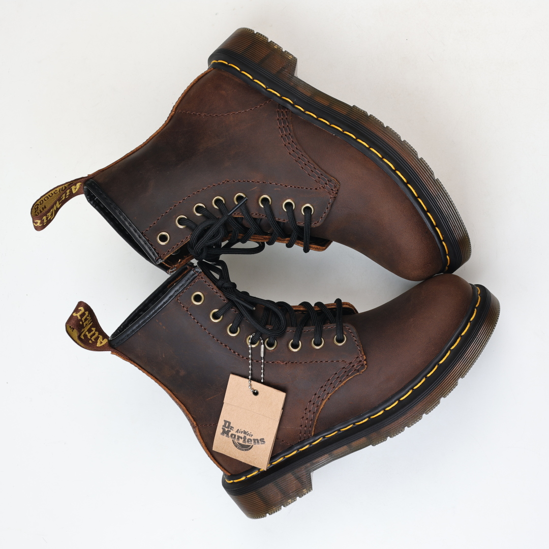 Dr.martens 马丁靴 1460系列 疯马皮棕色代工厂正品订单 八孔高帮公司规格 原材生产 与国内