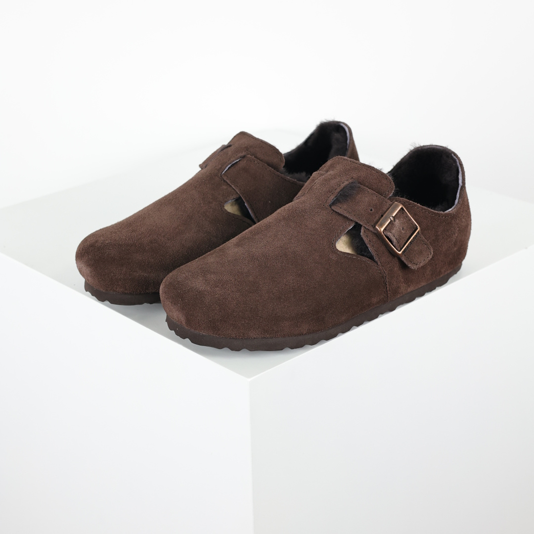 290 勃肯咖色 全包式懒人加毛单鞋 博肯Birkenstock Birkenstock London Suede Leather 伦敦系列包头平底复古软木底休闲单鞋