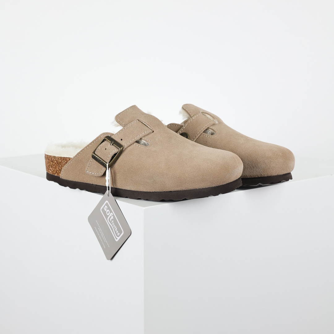 280 勃肯Birkenstock 勃肯懒人沙色加毛半拖Birkenstock London Suede Leather 伦敦系列包头平底复古软木底休闲半拖