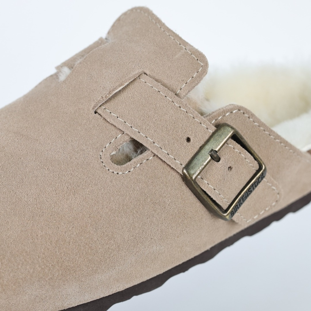 280 勃肯Birkenstock 勃肯懒人沙色加毛半拖Birkenstock London Suede Leather 伦敦系列包头平底复古软木底休闲半拖