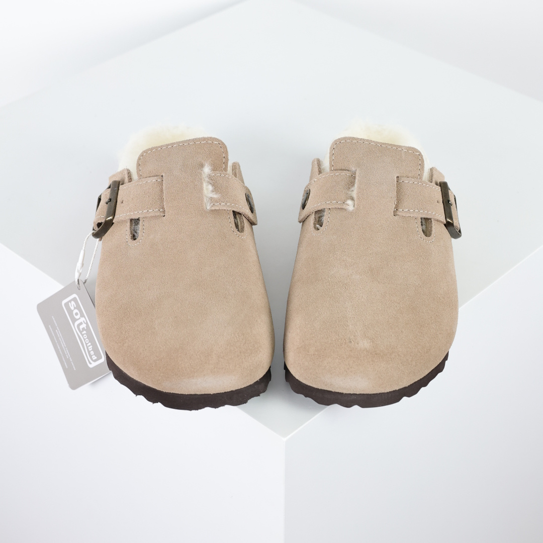 280 勃肯Birkenstock 勃肯懒人沙色加毛半拖Birkenstock London Suede Leather 伦敦系列包头平底复古软木底休闲半拖