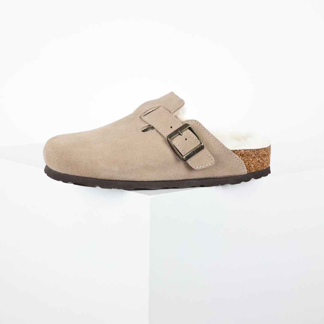 280 勃肯Birkenstock 勃肯懒人沙色加毛半拖Birkenstock London Suede Leather 伦敦系列包头平底复古软木底休闲半拖