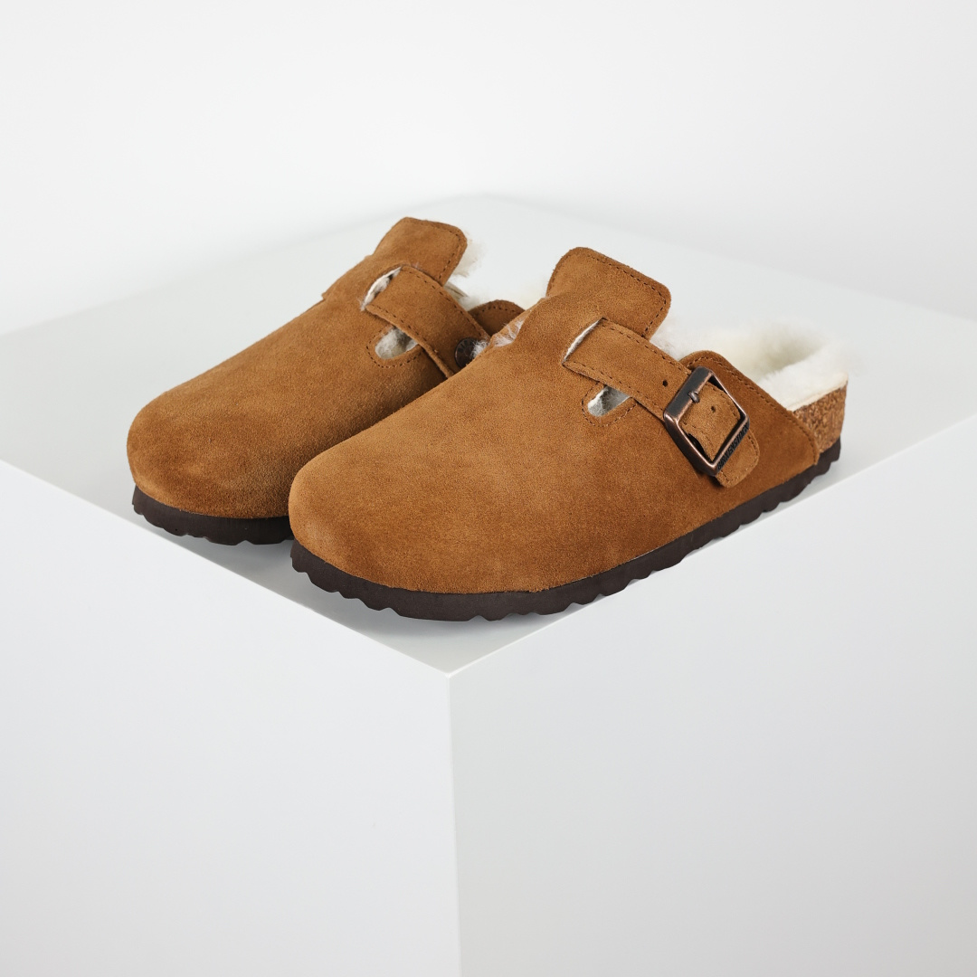 280 勃肯Birkenstock 勃肯懒人栗色加毛半拖Birkenstock London Suede Leather 伦敦系列包头平底复古软木底休闲半拖