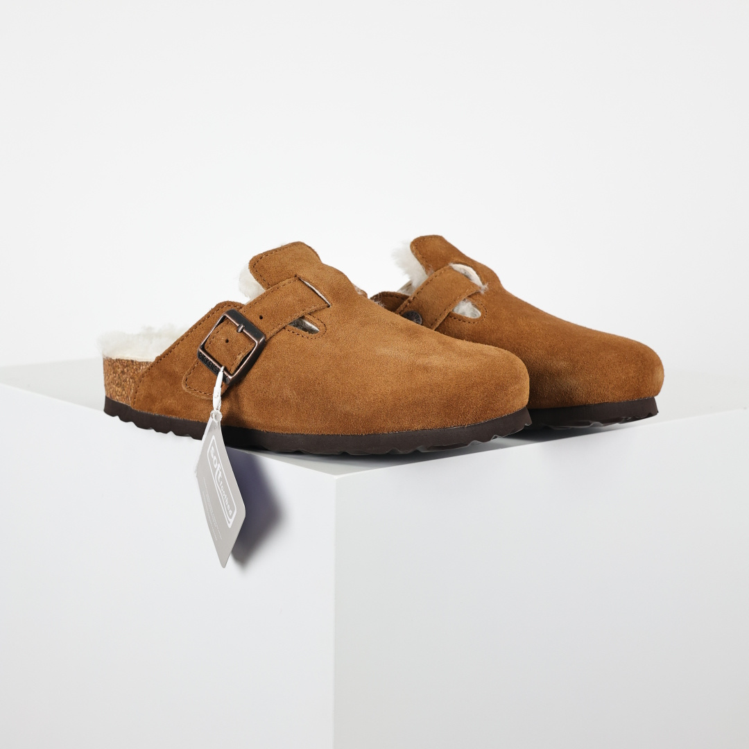 280 勃肯Birkenstock 勃肯懒人栗色加毛半拖Birkenstock London Suede Leather 伦敦系列包头平底复古软木底休闲半拖