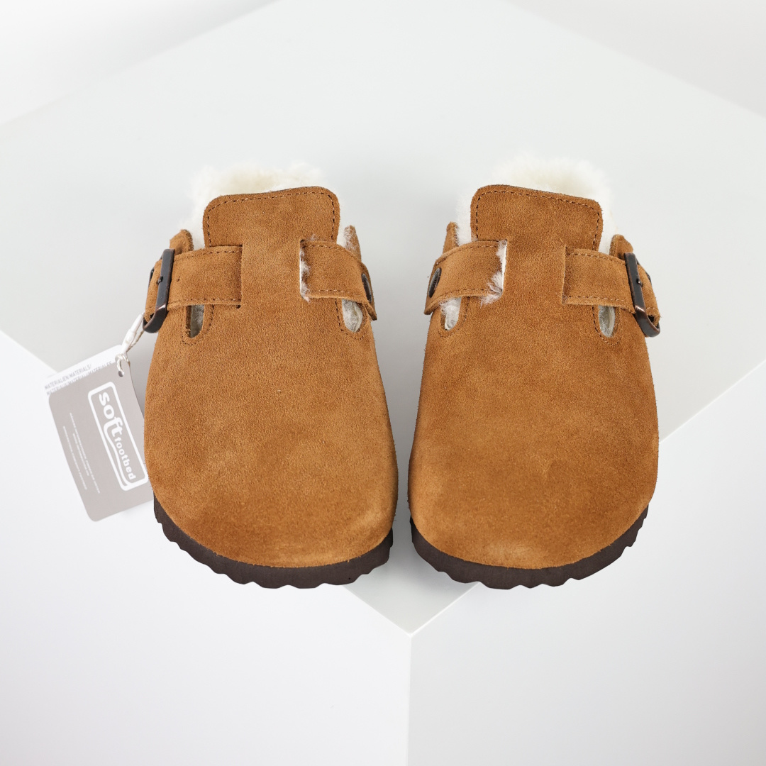 280 勃肯Birkenstock 勃肯懒人栗色加毛半拖Birkenstock London Suede Leather 伦敦系列包头平底复古软木底休闲半拖