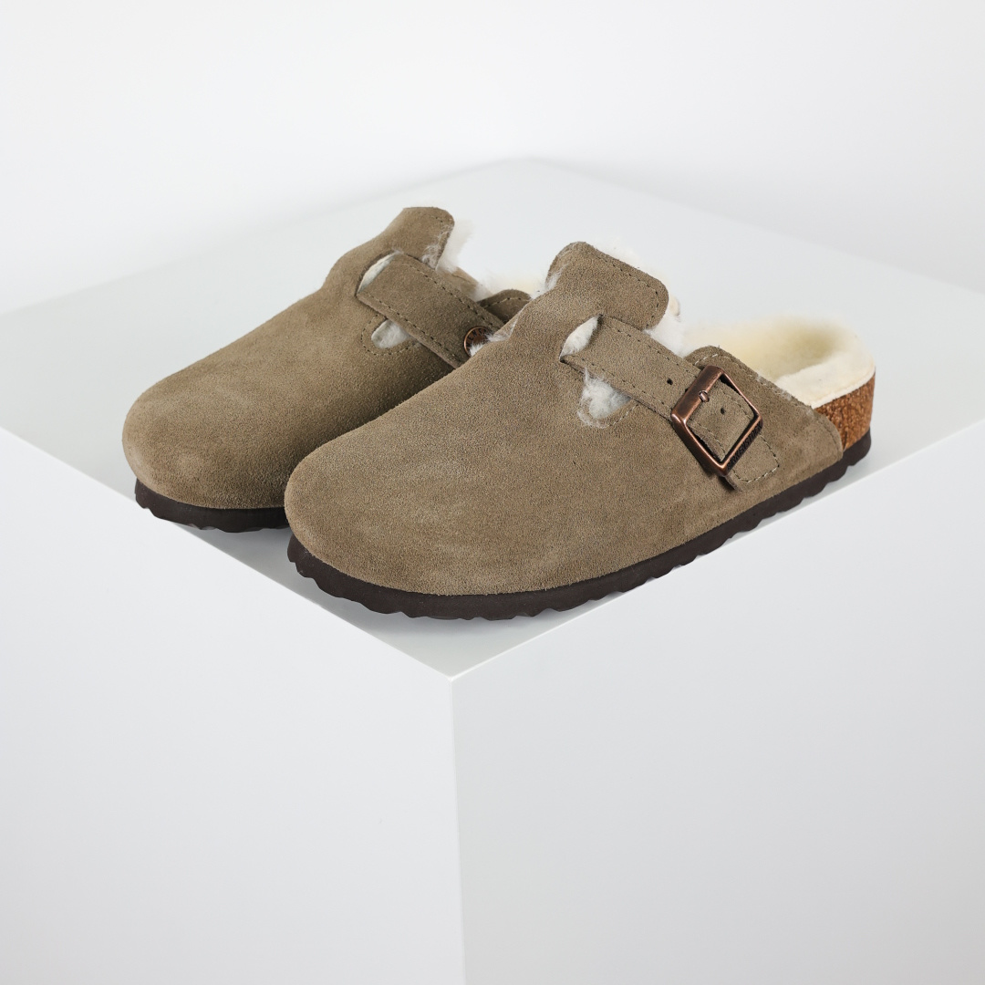 280 勃肯Birkenstock 勃肯懒人棕色加毛半拖Birkenstock London Suede Leather 伦敦系列包头平底复古软木底休闲半拖