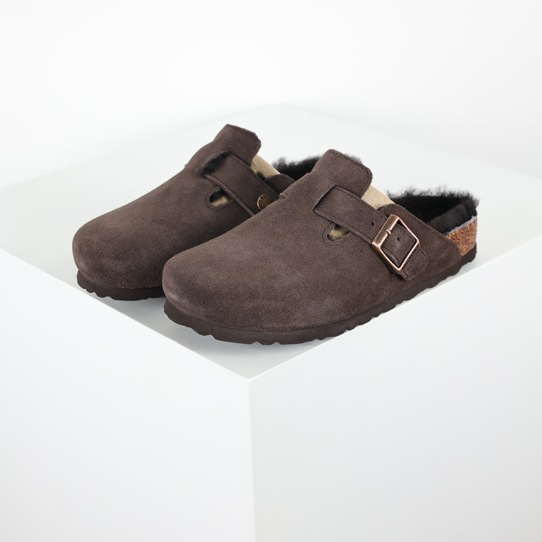 280 勃肯Birkenstock 勃肯懒人咖色加毛半拖Birkenstock London Suede Leather 伦敦系列包头平底复古软木底休闲半拖
