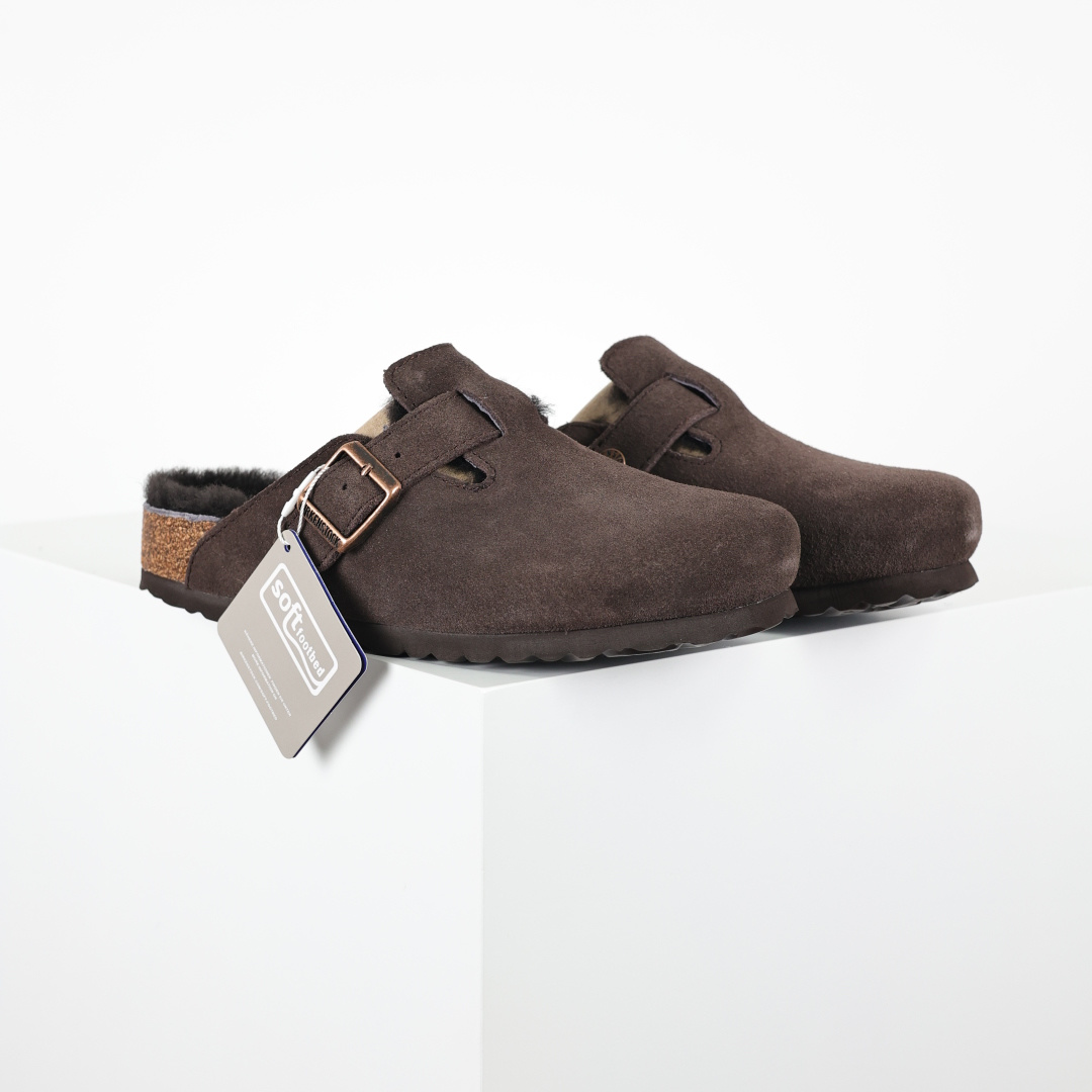 280 勃肯Birkenstock 勃肯懒人咖色加毛半拖Birkenstock London Suede Leather 伦敦系列包头平底复古软木底休闲半拖