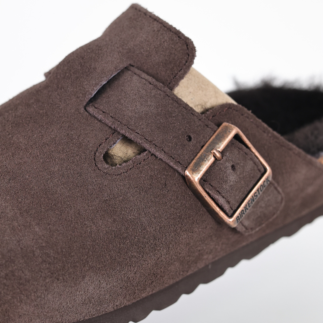 280 勃肯Birkenstock 勃肯懒人咖色加毛半拖Birkenstock London Suede Leather 伦敦系列包头平底复古软木底休闲半拖