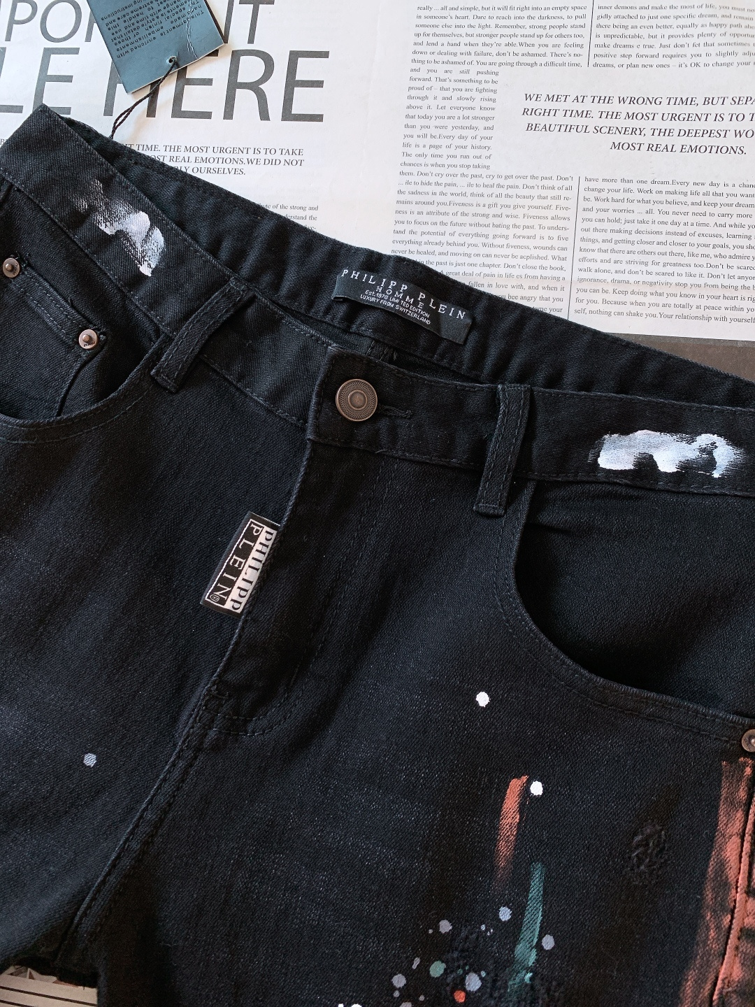 PhiliPP Plein 菲利普.普兰茵 2025FW早秋新品重工破洞泼墨牛仔裤👖纯黑牛仔+泼墨涂鸦+