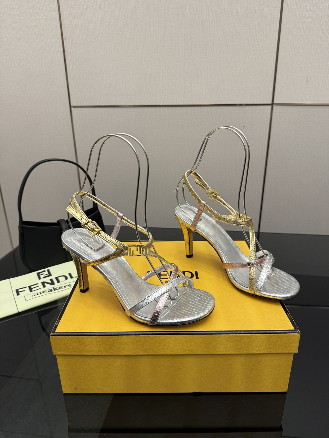 Fendi Silver Cross Strap Heeled Sandals