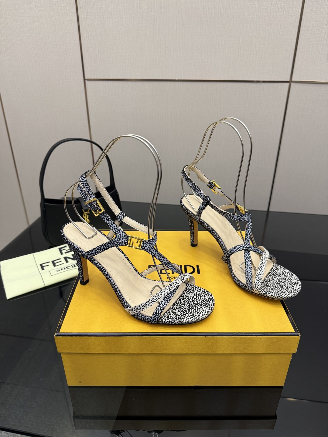 Fendi Black White Strap Heeled Sandals