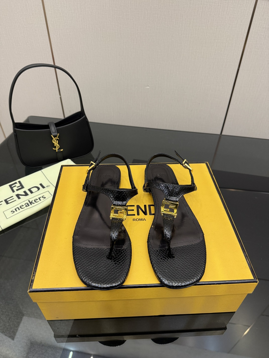 Fendi Black Logo Thong Sandals