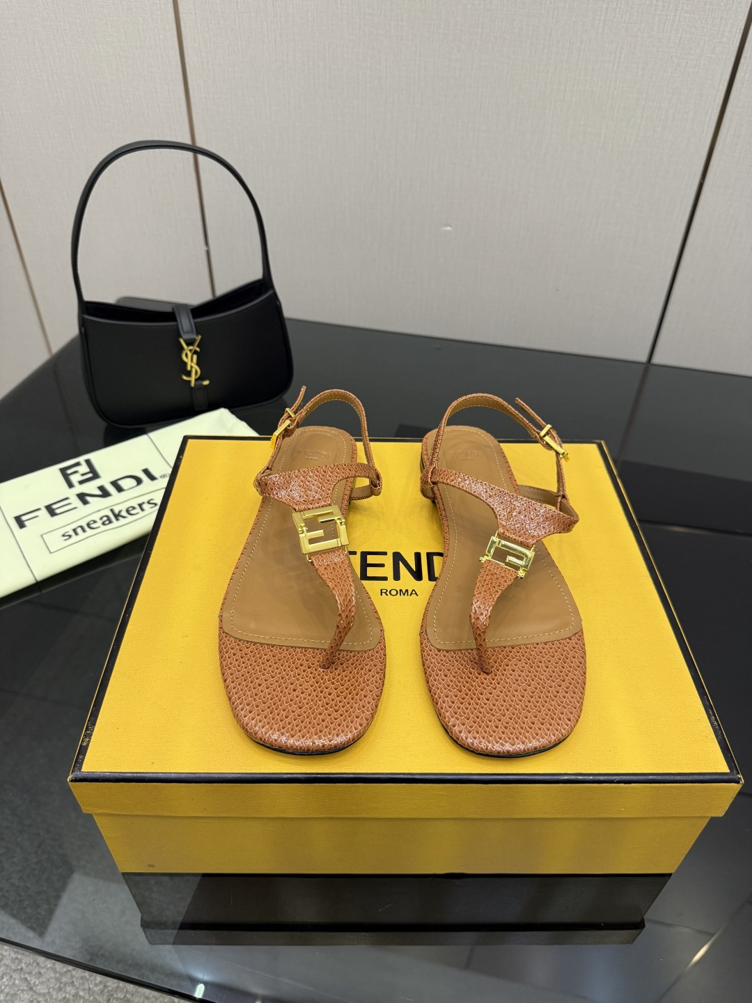 Fendi Tan Logo Thong Sandals