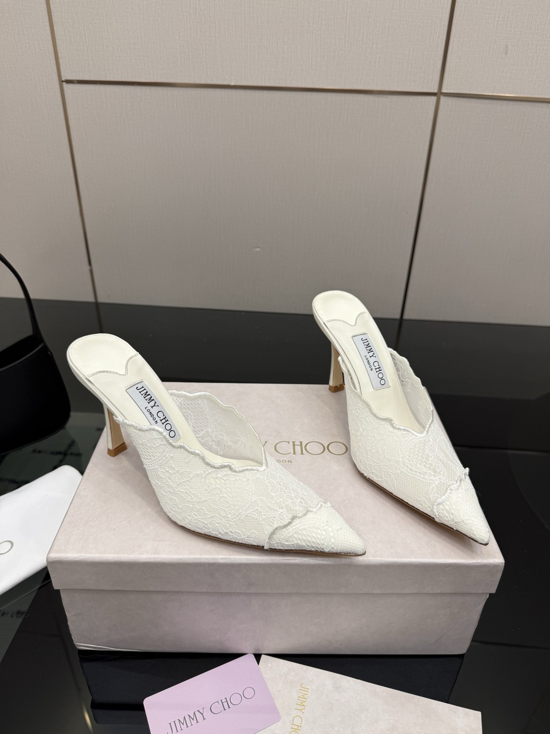 Jimmy Choo Wavy Lace Pointed Toe Mule Heels