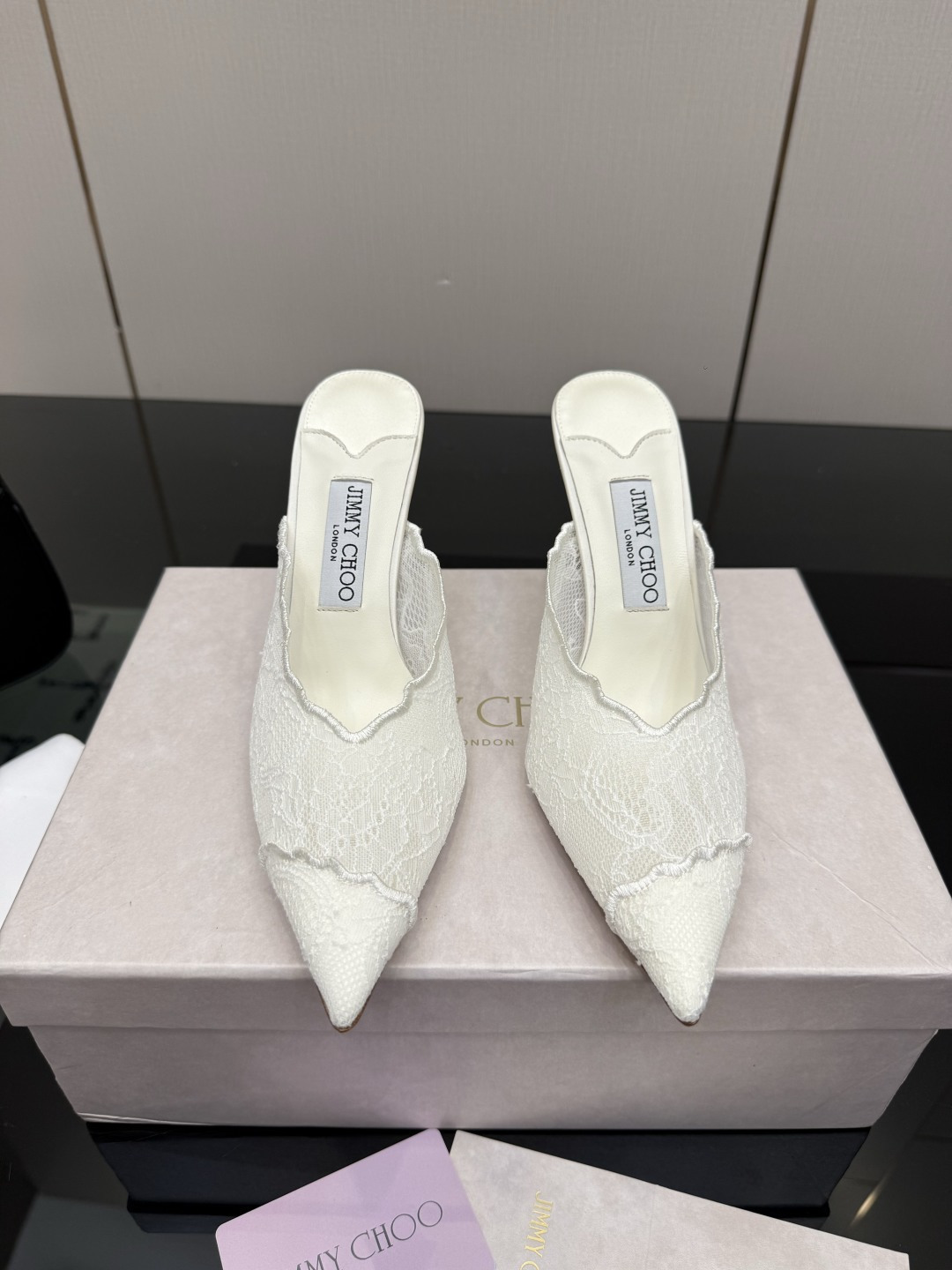 Jimmy Choo Wavy Lace Pointed Toe Mule Heels