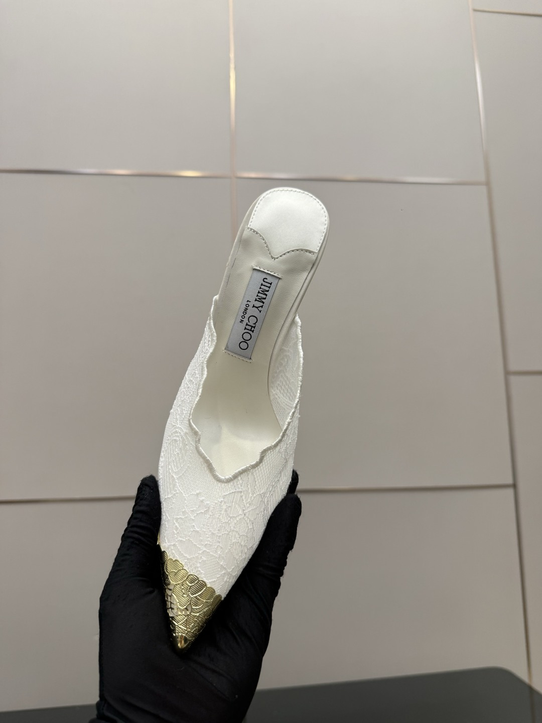 Jimmy Choo Lace Gold Tip Pointed Mule Heels