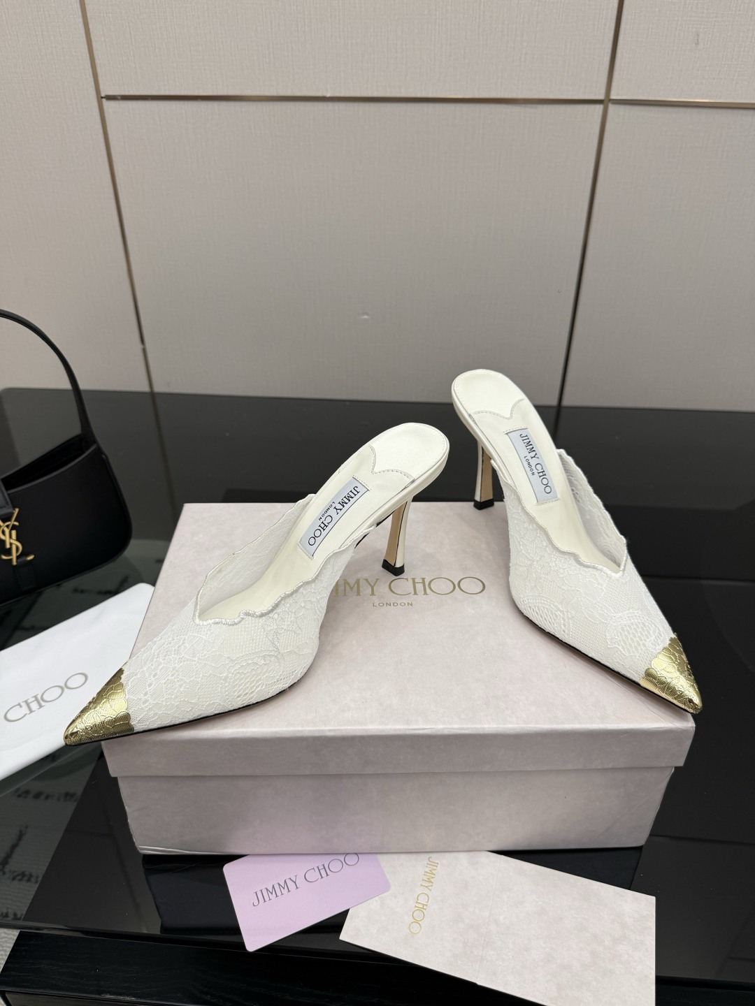 Jimmy Choo Lace Gold Tip Pointed Mule Heels