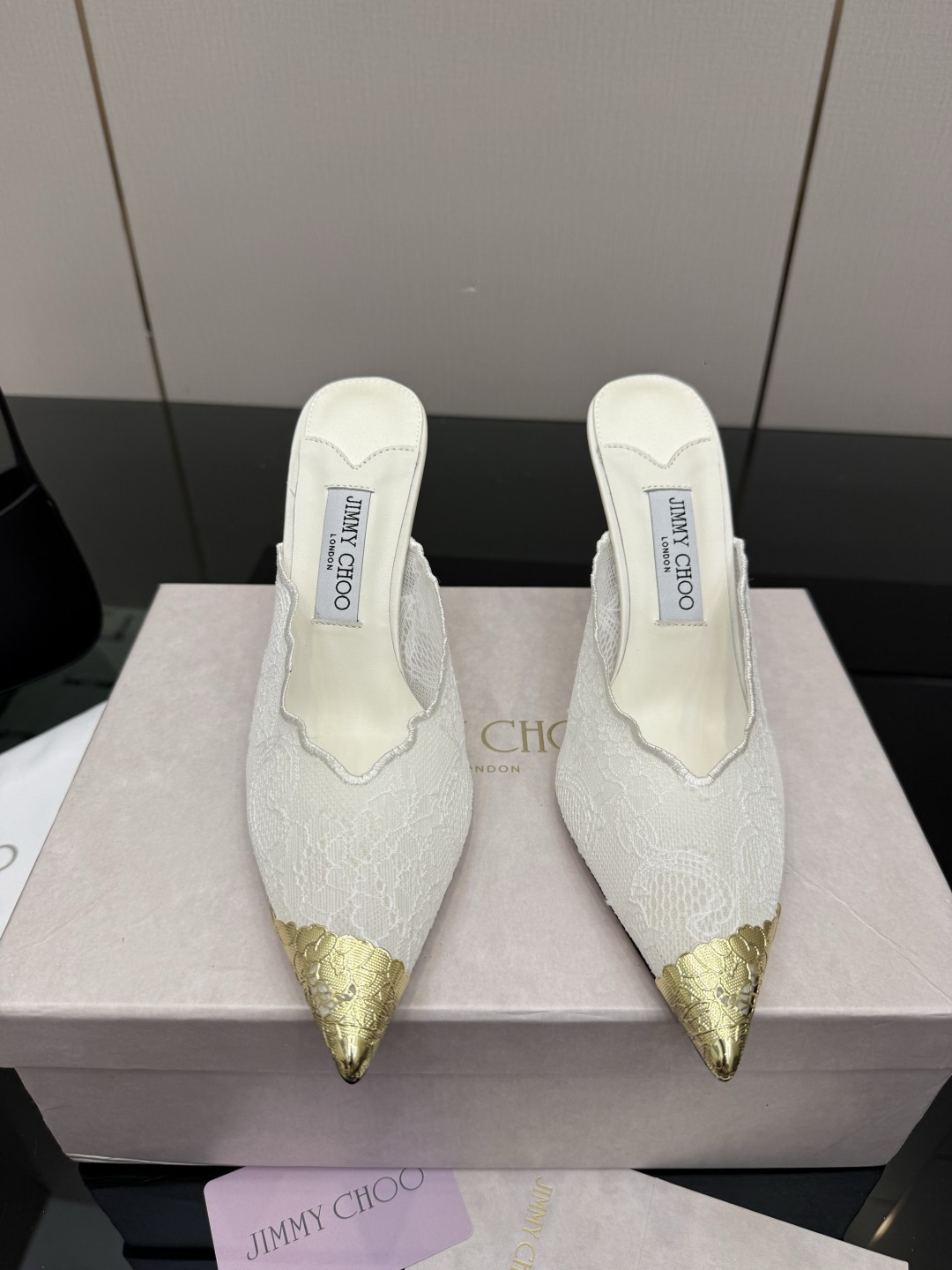 Jimmy Choo Lace Gold Tip Pointed Mule Heels