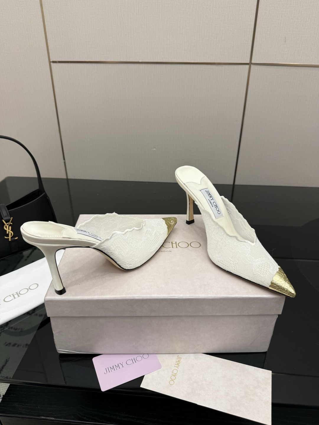 Jimmy Choo Lace Gold Tip Pointed Mule Heels
