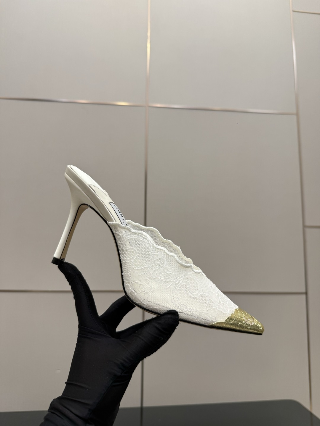 Jimmy Choo Lace Gold Tip Pointed Mule Heels