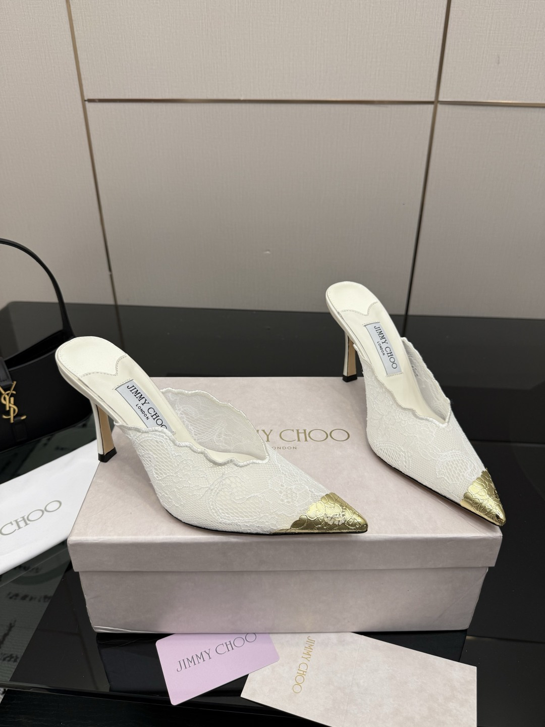 Jimmy Choo Lace Gold Tip Pointed Mule Heels