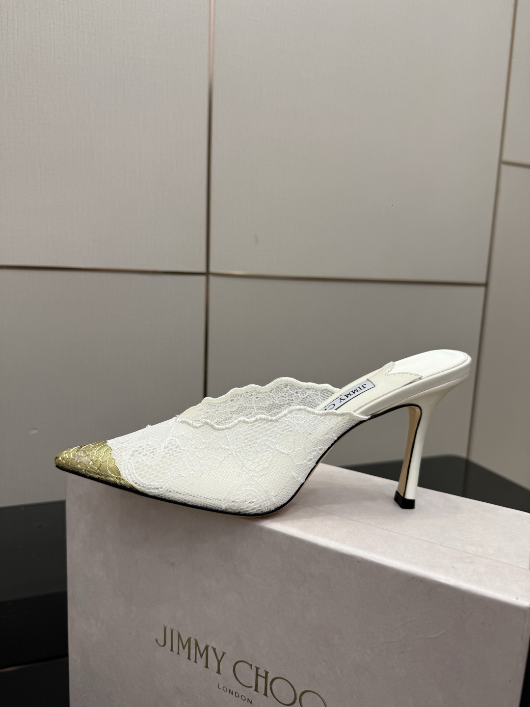 Jimmy Choo Lace Gold Tip Pointed Mule Heels