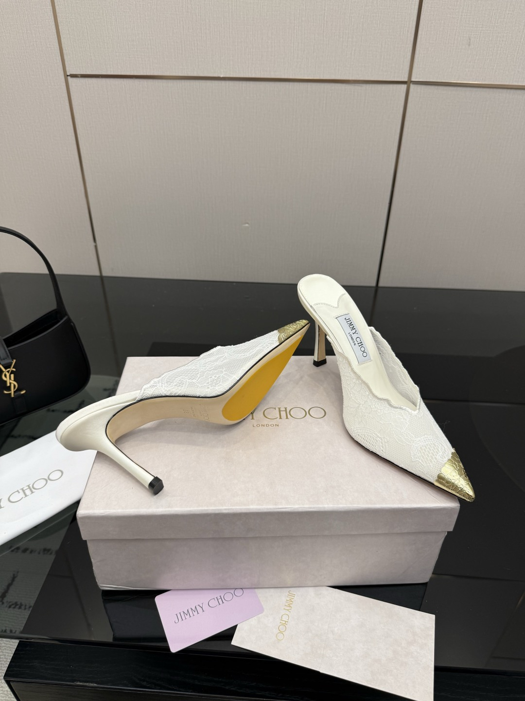 Jimmy Choo Lace Gold Tip Pointed Mule Heels