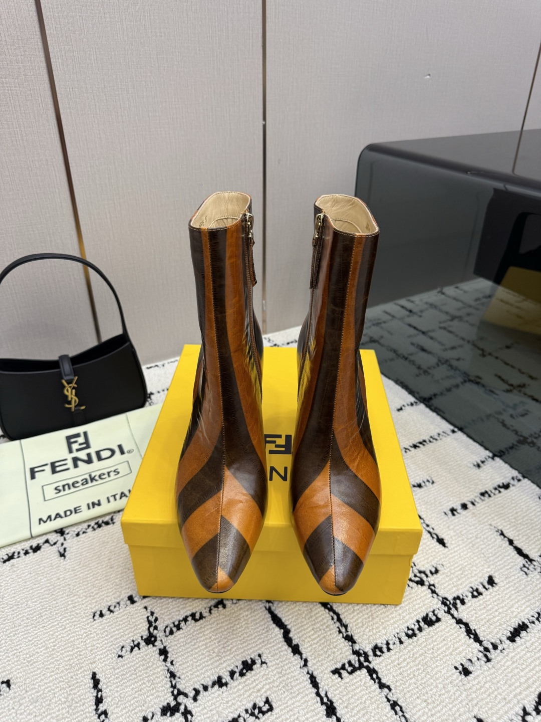 FENDI Brown Arco Leather Ankle Boots