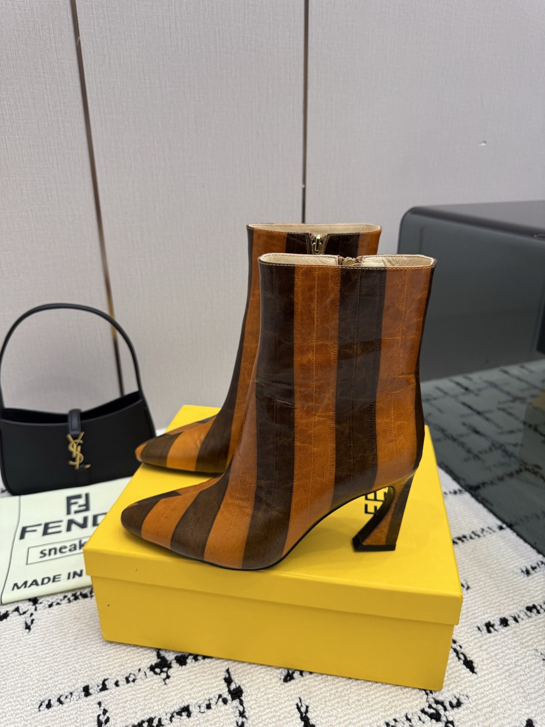 FENDI Brown Arco Leather Ankle Boots