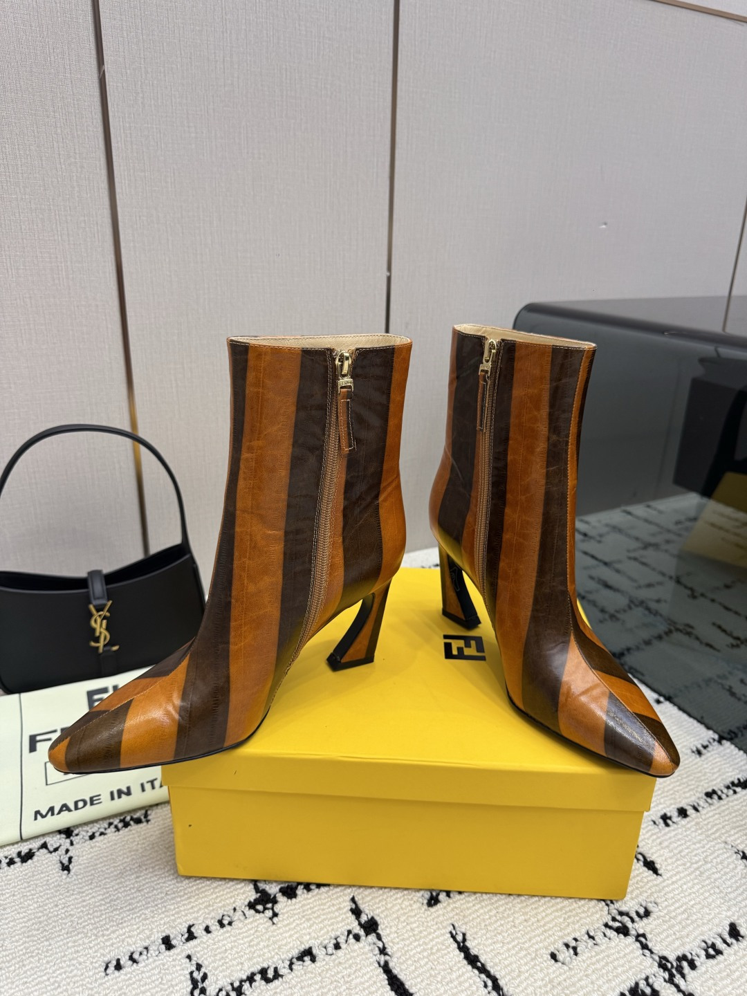 FENDI Brown Arco Leather Ankle Boots